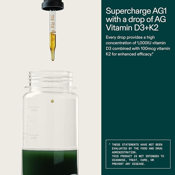 AG1 Vitamin D3 K2 Drops, 1000IU of Vitamin D3 and 100mcg of K2 per Serving, Supports Bone Density and Calcium Absorption (Athletic Greens)