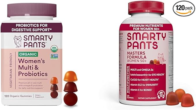 SmartyPants Organic Women's Multivitamin Gummies Bundle: Biotin, Omega 3, Vitamin D3, B12, Folate + Masters Formula for Women 50+ with Lutein, Zeaxanthin, CoQ10, 120 Count