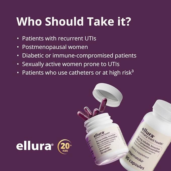 ellura 36mg Clinically Proven Soluble, Bioactive PACs – 100% Concentrated Cranberry Fruit Juice Extract, for UTI Support & Urinary Tract Health, 30 Capsules.