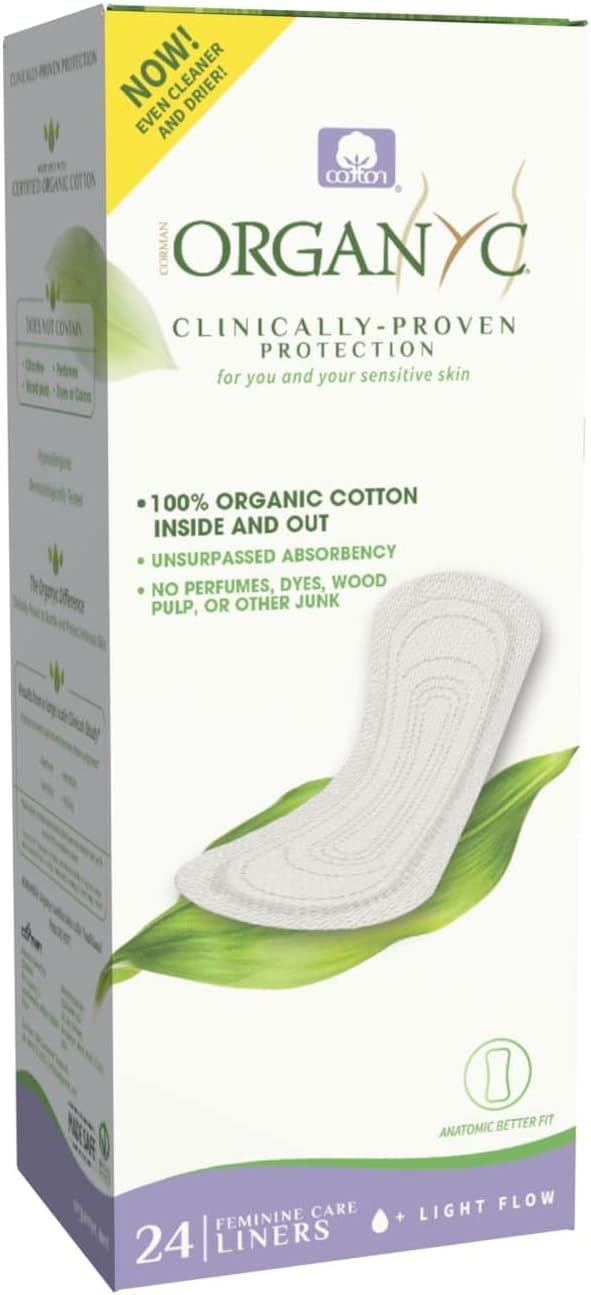 Organyc 100% Certified Organic Cotton Flat Panty Liner - Everyday Sanitary Pad, Free from Wood Pulp, Perfumes, SAP and Chemicals - Light Flow+, 24 Count