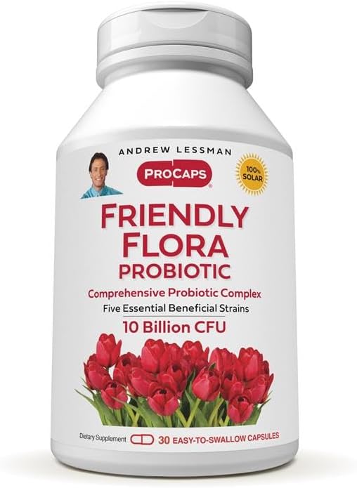 ANDREW LESSMAN Friendly Flora Probiotic 30 Capsules - 10 Billion CFU, Comprehensive Blend of Five Probiotic Strains, Powerful Immune and Digestive Support. Probiotics for Women or Men