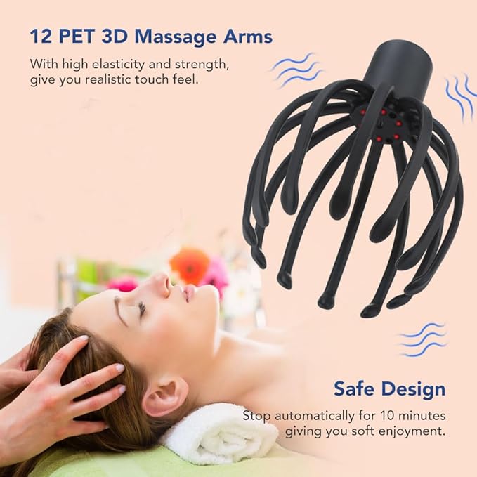 Electric Scalp Massager Head Massager Scalp Massager Tool, Head Scratcher Head Massager Scalp Stress Relax, Electric Octopus Claw 3 Modes 10 Nodes Black