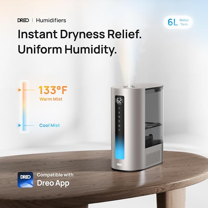 Dreo 6L Humidifiers for Bedroom, Smart Warm & Cool Mist for Large Room, 60Hr Quiet Runtime for Baby, Plant, Humidity Sensor, Indicator Light, 12H Timer, Google/Alexa, Gold