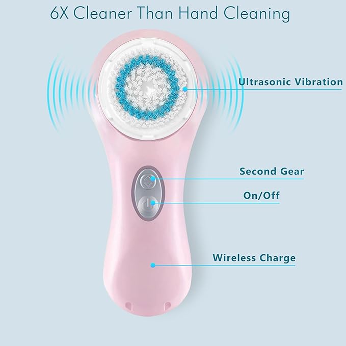 Sonic Facial Cleansing Brush, Ultrasonic Face Scrubber Exfoliator for Women Skin Care, Face Brushes for Cleansing, Exfoliating, Massage, Electric Rechargeable Waterproof 2 Speeds for Home & Travel
