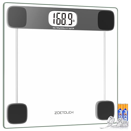 Scale for Body Weight Digital Bathroom Scale Accurate Weighing Machine for People, High Precision Bath Scale, Step On, Tempered Glass LCD Display Batteries and Tape Measure Included, 400lbs