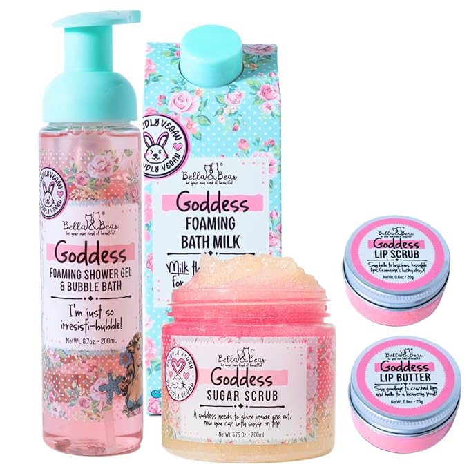 Bella & Bear Goddess Mega Bath & Body Gift Set with Foaming Shower Gel & Bubble Bath, Bath Milk, Body Scrub & Lip Scrub and Lip Butter - Gift for Women for Easter gifts or Mothers Day basket.