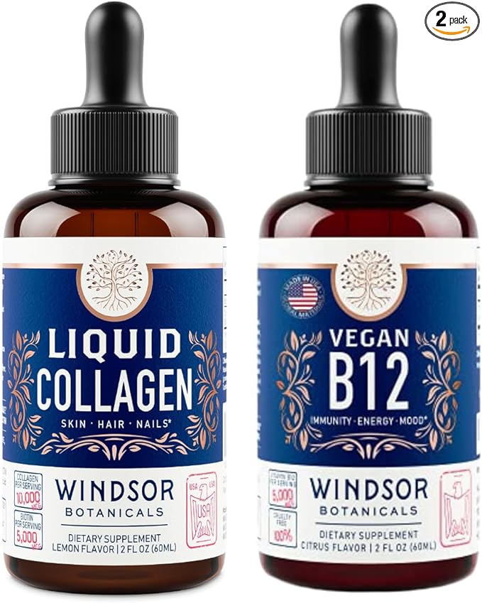 WINDSOR BOTANICALS Vitamin B12 Liquid and Liquid Collagen with Biotin - Energy and Wellness Bundle