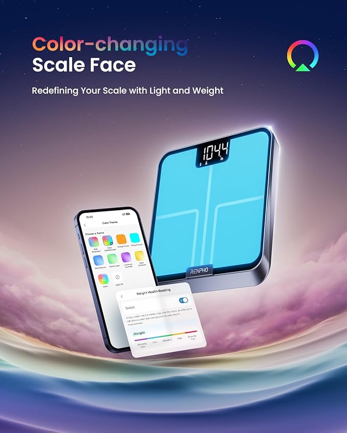 RENPHO Smart Body Fat Scale with Light, Fitness Equipment with RGB Lighting, Rechargeable Scale with BMI, Body Fat, Muscle Mass, Color Changing with Weight Variation, FSA HSA Eligible, Elis Chroma