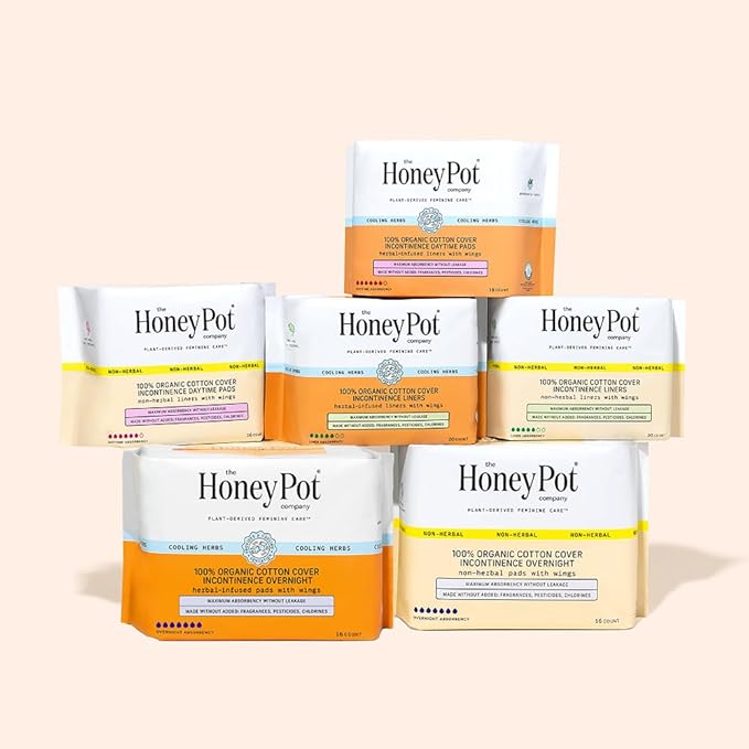 The Honey Pot Company - Herbal Pads for Women - Organic Incontinence Overnight w/Wings - Infused w/Essential Oils for Cooling Effect - Postpartum Essentials - Feminine Care - FSA & HSA - 16 ct