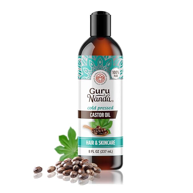 GuruNanda Castor Oil for Hair Growth (8 Fl oz) & Vitamin E Oil for Skin Nourishment (2 Fl oz) Bundle