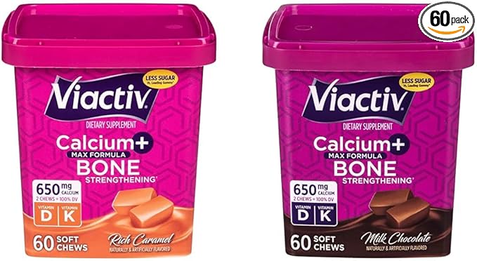 Viactiv Calcium +Vitamin D3 Supplement Soft Chews, Caramel & Calcium +Vitamin D3 Supplement Soft Chews, Milk Chocolate, 60 Chews - Calcium Dietary Supplement for Bone Health