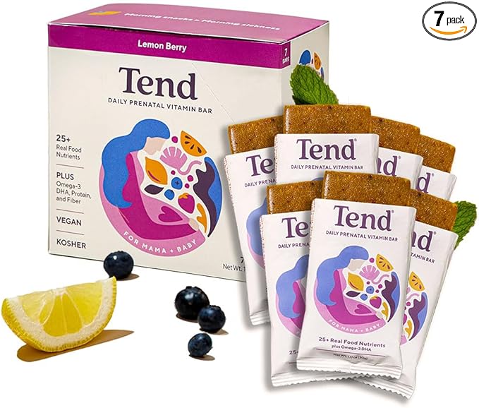Tend Daily Best Prenatal Vitamin Bar, Made with Organic Ingredients for Pregnant & Postpartum Mothers, Includes DHA, Vitamin D, B, Choline, Folate, Sunflower Lecithin, Lemon Berry Flavor (7ct)