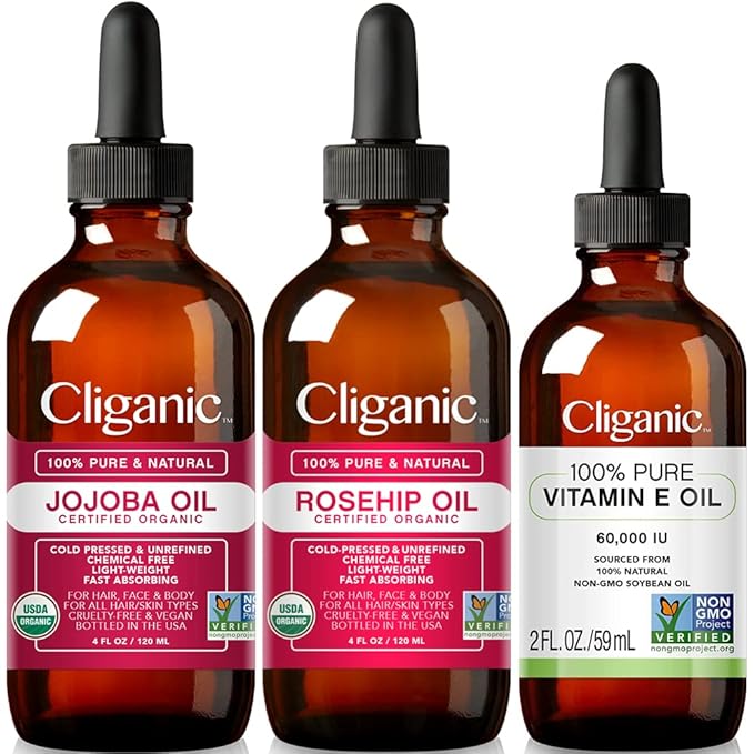 Cliganic Face Oil Trio: Jojoba, Rosehip & Vitamin E Oil