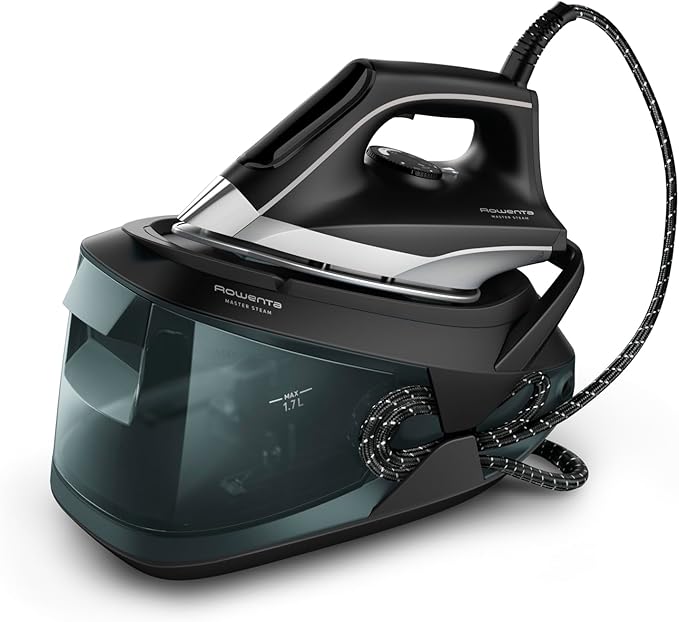 Rowenta Iron Steamer for Clothes, Master Steam Station, Professional Steam Iron For Clothes with Stainless Steel Soleplate 57 oz, 400 microsteam holes, Built-In Pump, 1750 watts, Black Green, VR8338