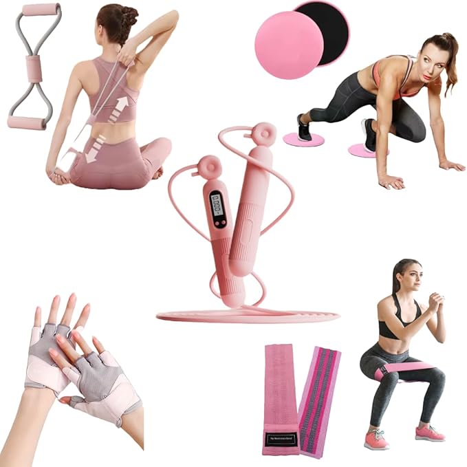 5-Piece Fitness Bundle, Pink, Jump Rope with Counter, Workout Gloves, Hip Resistance Bands, Core Sliders, 8-Shape Resistance Band