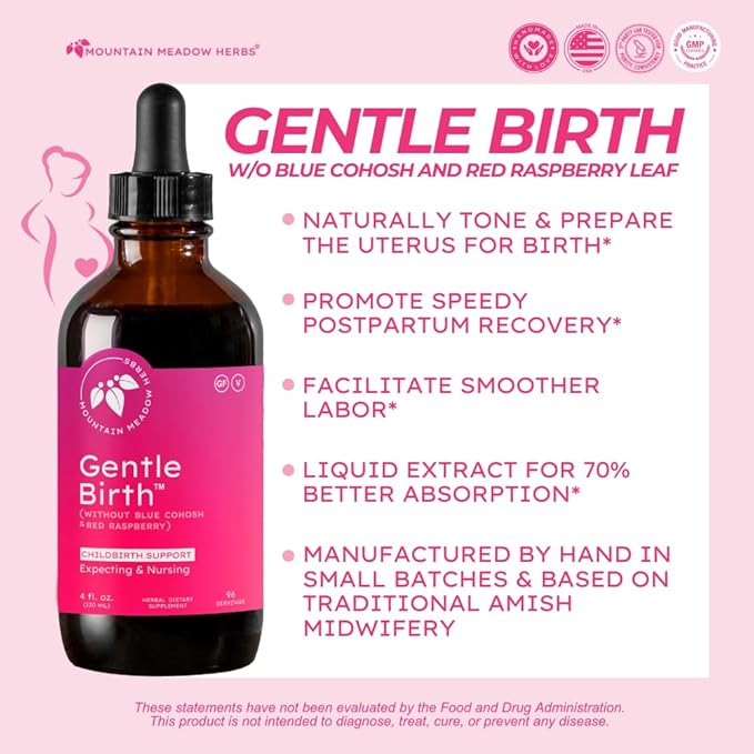 Mountain Meadow Herbs Gentle Birth for Birth Prep/Labor Prep, Fast Acting Liquid Herbal Extract for Childbirth Support w/o Blue Cohosh - 4oz