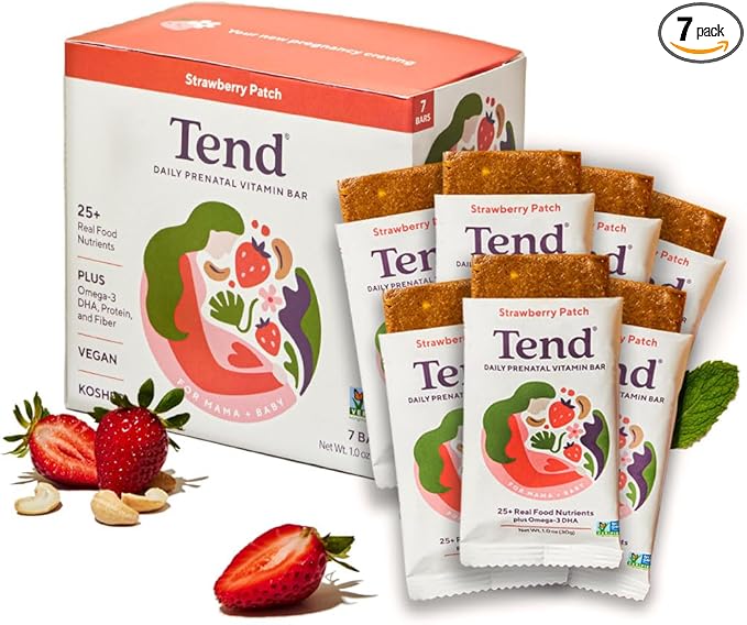 Tend Daily Best Prenatal Vitamin Bar, Made with Organic Ingredients for Pregnant & Postpartum Mothers, Includes DHA, Vitamin D, B, Choline, Folate, Sunflower Lecithin, Strawberry Patch Flavor (7ct)