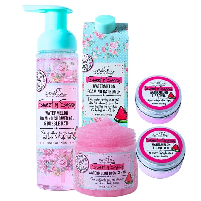 Bella & Bear Sweet 'n' Sassy Watermelon Mega Bath & Body Gift Set with Foaming Shower Gel & Bubble Bath, Bath Milk, Body Scrub & Lip Scrub and Lip Butter