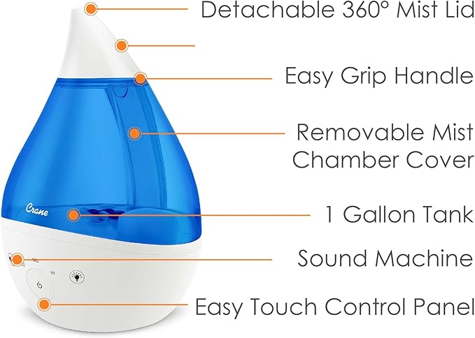 Crane 4-in-1 Drop 2.0 Ultrasonic Cool Mist Humidifier with Sound Machine, Night Light, Aroma Tray, 1 Gallon Top Fill, Blue & White
