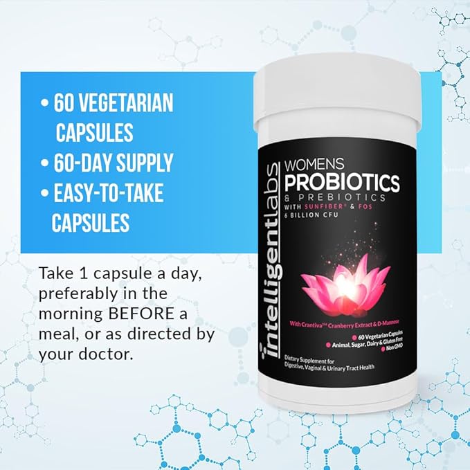 Intelligent Labs Women's Probiotics Formula with Cranberry Extract, D-Mannose and Prebiotics All in one, 6 Billion CFU Probiotic, One Capsule a Day, 60-Day Supply, Third-Party Verified for Purity