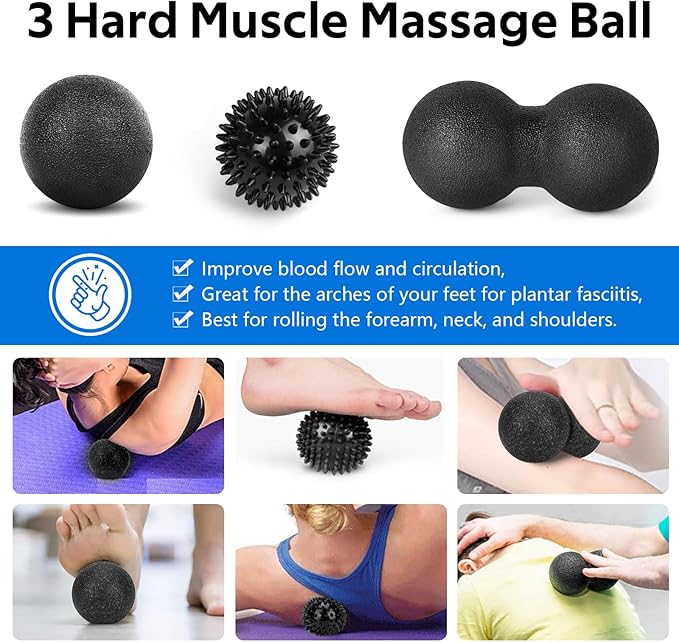 7 in1 Foam Roller Set for Deep Tissue Muscle Massage - High Density Back Roller, Muscle Roller Stick, Resistance Bands, Foot Massage Ball, Stretching Strap for Exercise, Whole Body Physical Therapy