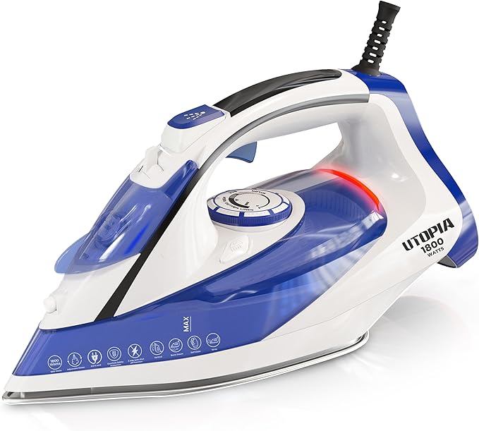 Utopia Home Steam Iron for Clothes - Non-Stick Soleplate - 1800W Clothes Iron With Auto-Off Safety Feature - Adjustable Thermostat Control, Variable Steam Control, Self-Clean, 8 Feet Cord (White/Blue)