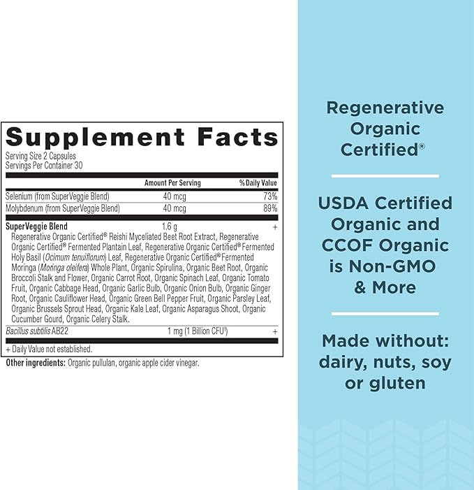Ancient Nutrition Regenerative Organic Certified SuperVeggies Capsules, Supports Gut and Immune System Health, Made with Probiotics, Kale, Broccoli, and Spinach, 60 Count