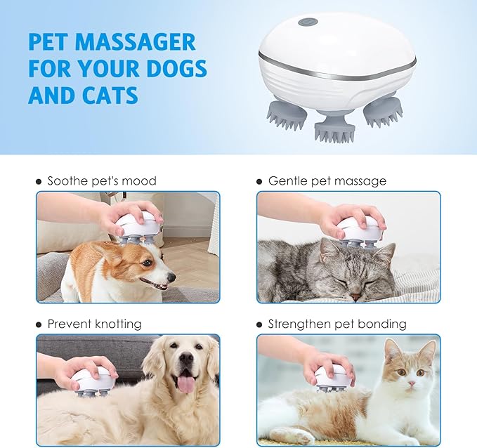 Upgraded Handheld Pet Massager for Dogs and Cats - Portable With 4 Rotating Heads, Waterproof Electric for Relieving Tight Stiffness Muscles, Promote Bonding