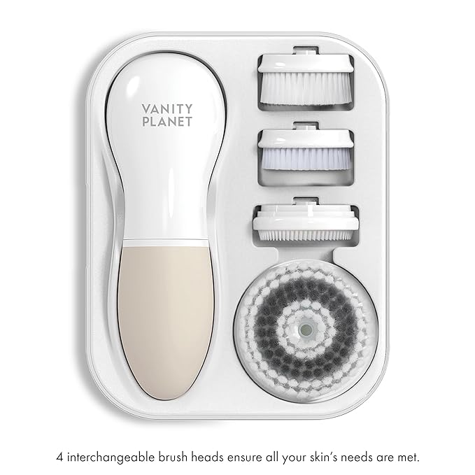 Raedia Handheld Facial Cleansing Brush with 4 Interchangeable Brush Heads by Vanity Planet - Lightweight Daily Cleansing Brush for Glowing Skin - Water Resistant Face Exfoliator - Warm Grey