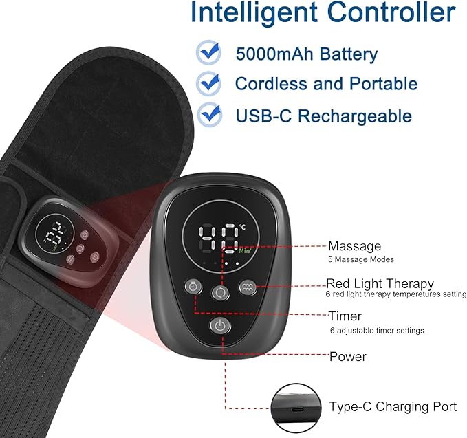 Lower Back Massager Belt with Heat and Red Light Therapy, Cordless Heating Pad for Back, Rechargeable 5000 mAh Battery, Heated Back Brace Warmer Belt for Back Pain Relief and Relaxation