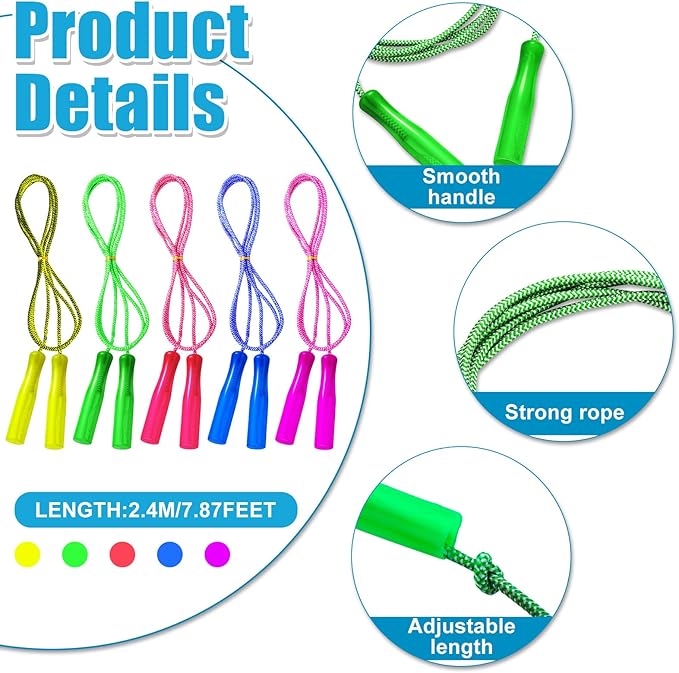 Honoson Rainbow Jump Rope Bulk Gift for Kids 7.8ft Nylon Stripe Ropes with Handle Adjustable Colorful Party Favor Christmas Charity Gift Box Outdoor Indoor Fun Game Exercise Fitness Activity