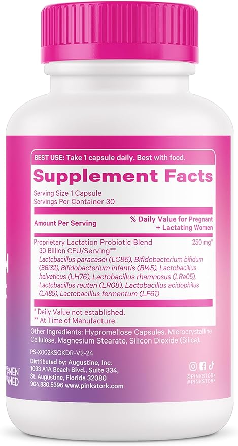 Pink Stork Lactation Probiotic - 30 Billion CFUs Multi Strain Postnatal Probiotics for Breastfeeding Women - Support Breast Milk & Gut Health, Postpartum Essentials, 30 Capsules