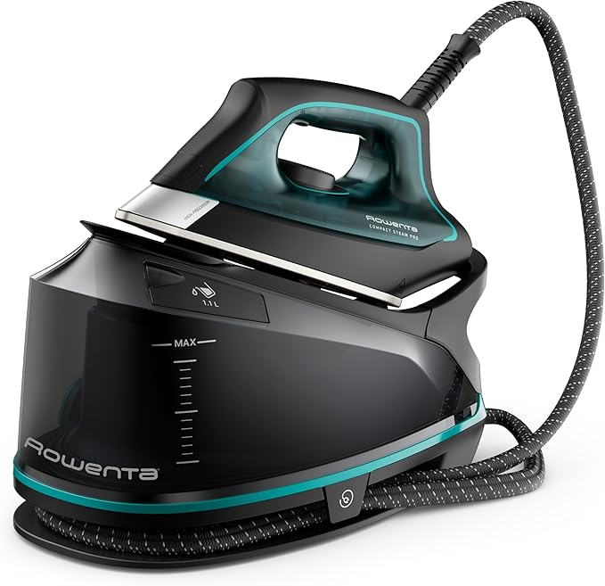 Rowenta Iron for Clothes, High Pressure Steamer Iron with Boiler System, 400 Steam Holes, Vertical Steaming, 37oz Tank, Stainless Steel Soleplate, Auto-Off 1800 watts, Black Green, DG7626