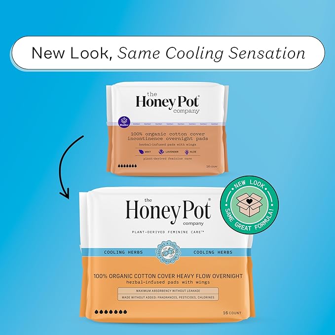 The Honey Pot Company - Herbal Pads for Women - Organic Incontinence Overnight w/Wings - Infused w/Essential Oils for Cooling Effect - Postpartum Essentials - Feminine Care - FSA & HSA - 16 ct