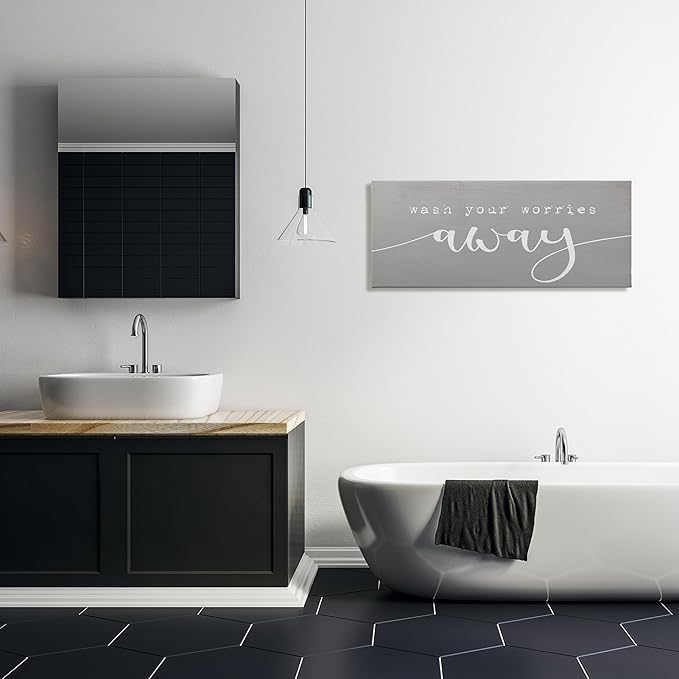 Stupell Industries Wash Your Worries Away Phrase Bathroom Relaxation, Designed by Daphne Polselli Canvas Wall Art, 17x40, Gray