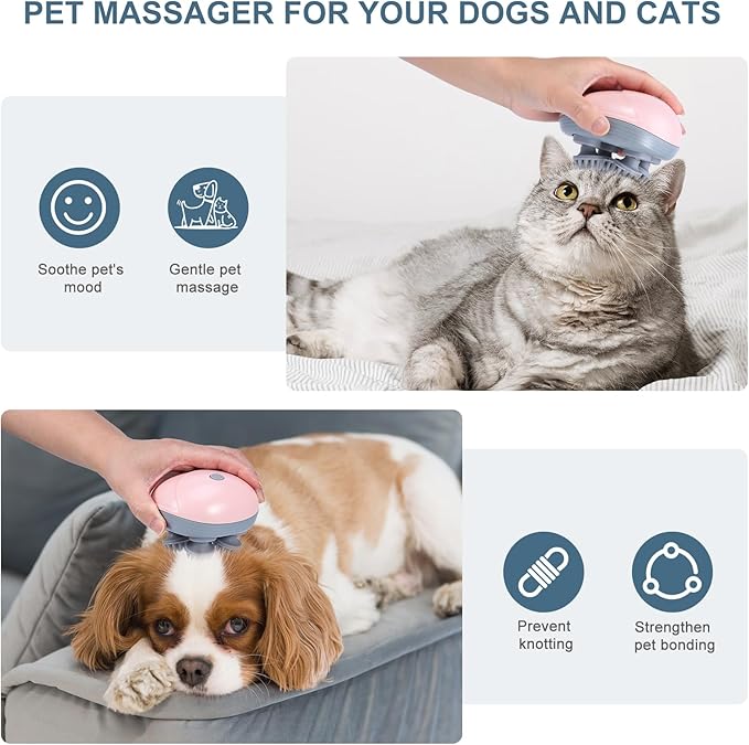 Upgraded Handheld Pet Massager for Dogs and Cats, Electric Cat Dog Massager, with 4 Rotatable Massage Heads, Three Modes, for Relieving Tight Stiffness Muscles, Promote Bonding (Pink)