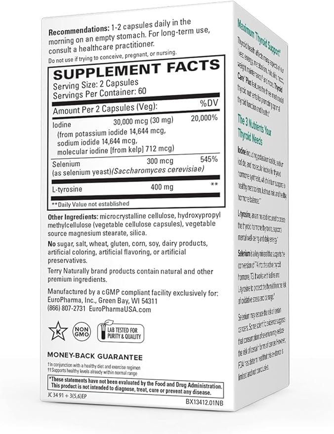 Terry Naturally Thyroid Care Plus - Supplement to Aid Thyroid - Dietary Supplement for Energy & Healthy Hair Support - Supplement with L-Tyrosine & Selenium - 120 Capsules