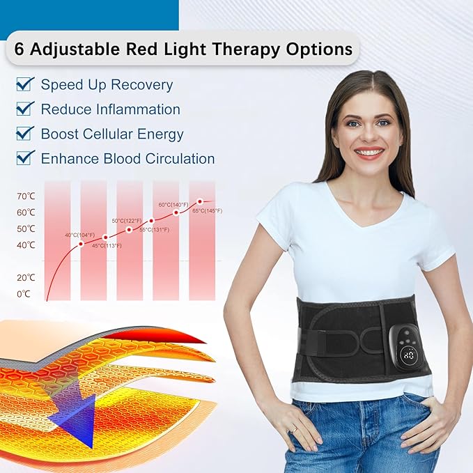 Lower Back Massager Belt with Heat and Red Light Therapy, Cordless Heating Pad for Back, Rechargeable 5000 mAh Battery, Heated Back Brace Warmer Belt for Back Pain Relief and Relaxation