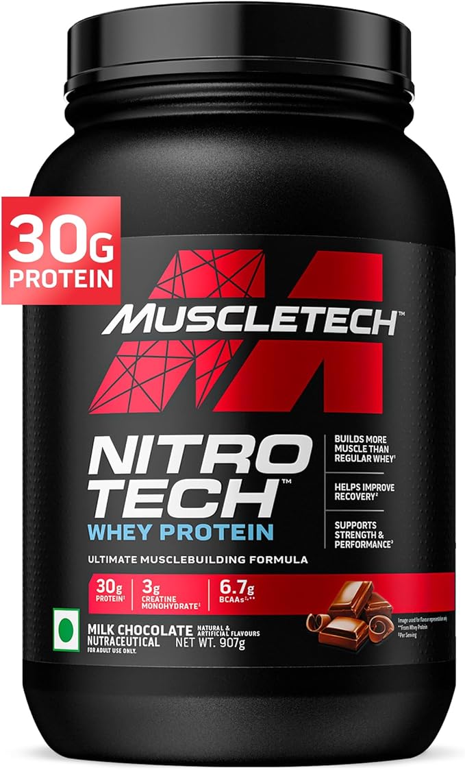 Muscletech Whey Protein Powder (Milk Chocolate, 2.2 Pound) - Nitro-Tech Ultimate Muscle Building Formula with Whey Protein Isolate & Peptides - 30g of Protein, 3g of Creatine & 6.8g of BCAA
