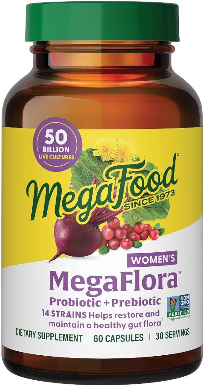 MegaFood MegaFlora Probiotics for Women + Prebiotics and Probiotics with 14 Strains & 50 Billion CFUs, with Cranberry for Women Digestive Health, Vegetarian - 60 Capsules (30 Servings)