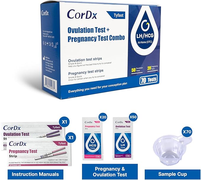 CorDx Ovulation + Early Detection Pregnancy Test Combo, Fertility and hCG Level Tracker Strips for Family Planning, Easy at Home Urine Testing, Clear and Fast Result with Over 99% Accuracy, 70 Tests