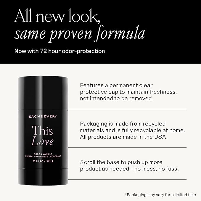 Each & Every Aluminum Free Deodorant for Women & Men, Rose & Vanilla - All Natural Deodorant for Sensitive Skin, EWG Verified - Clean, Baking Soda-Free, Plant-Based Fragrance - 2.5oz