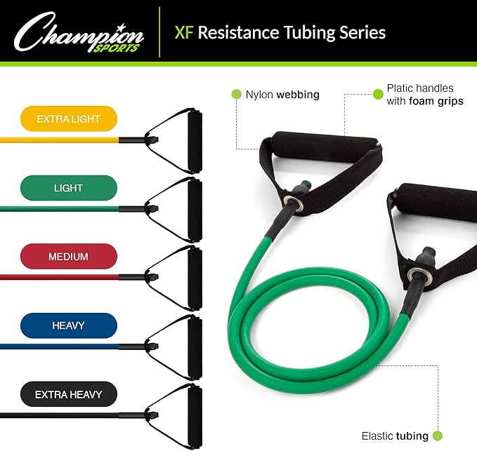 Champion Sports Resistance Tube Bands for Men and Women, Extra Light to Super Heavy Resistance - Durable Fitness Band for Strength Training, Stretching, Rehabilitation - Premium Home Workout Equipment