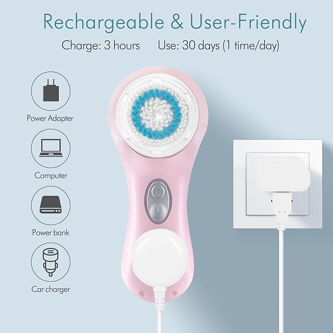 Sonic Facial Cleansing Brush, Ultrasonic Face Scrubber Exfoliator for Women Skin Care, Face Brushes for Cleansing, Exfoliating, Massage, Electric Rechargeable Waterproof 2 Speeds for Home & Travel