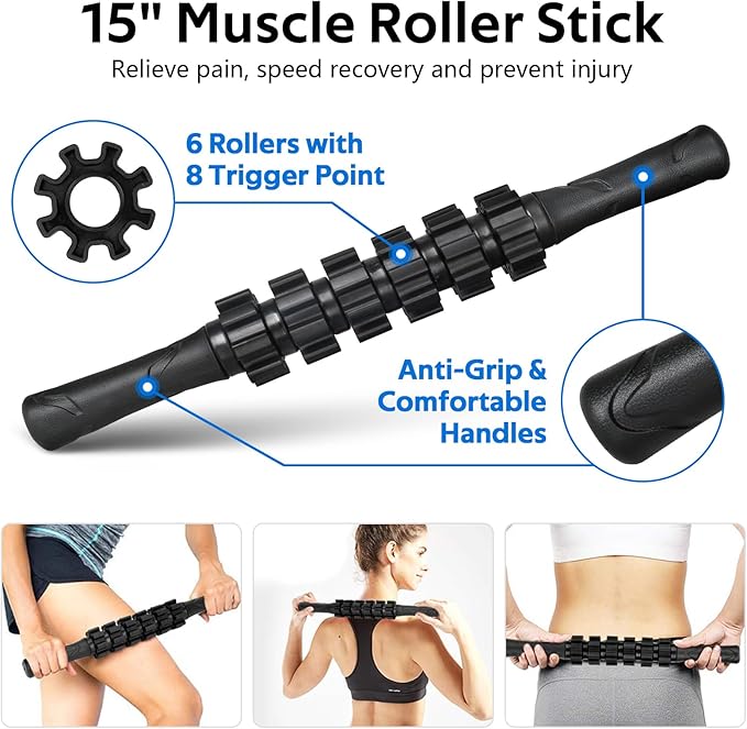 7 in1 Foam Roller Set for Deep Tissue Muscle Massage - High Density Back Roller, Muscle Roller Stick, Resistance Bands, Foot Massage Ball, Stretching Strap for Exercise, Whole Body Physical Therapy