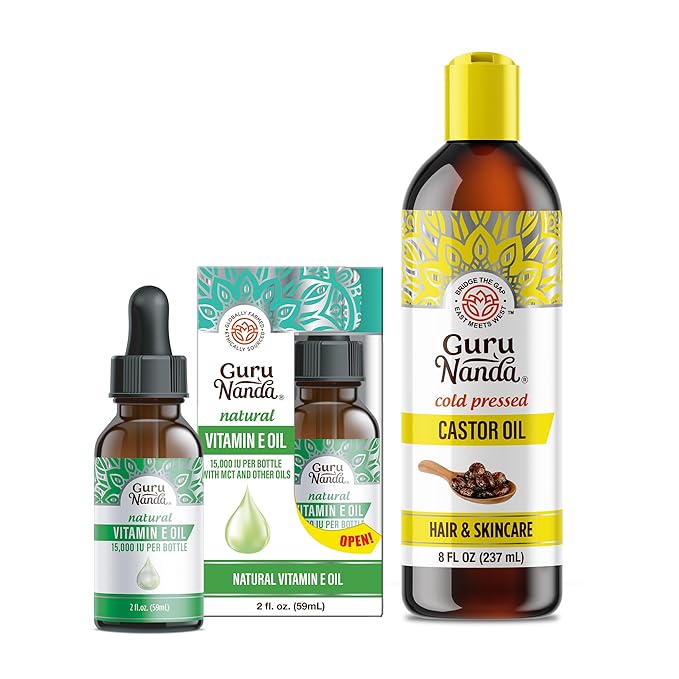 GuruNanda Castor Oil for Hair Growth (8 Fl oz) & Vitamin E Oil for Skin Nourishment (2 Fl oz) Bundle