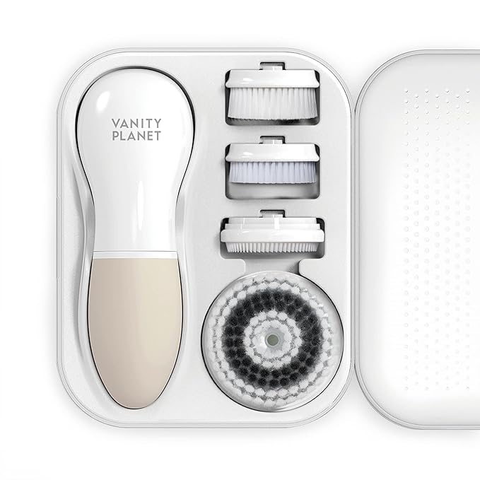 Raedia Handheld Facial Cleansing Brush with 4 Interchangeable Brush Heads by Vanity Planet - Lightweight Daily Cleansing Brush for Glowing Skin - Water Resistant Face Exfoliator - Warm Grey