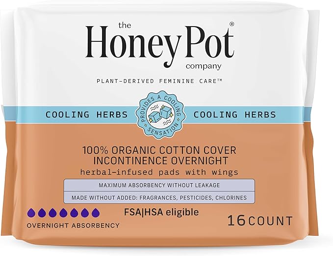 The Honey Pot Company - Herbal Pads for Women - Organic Incontinence Overnight w/Wings - Infused w/Essential Oils for Cooling Effect - Postpartum Essentials - Feminine Care - FSA & HSA - 16 ct
