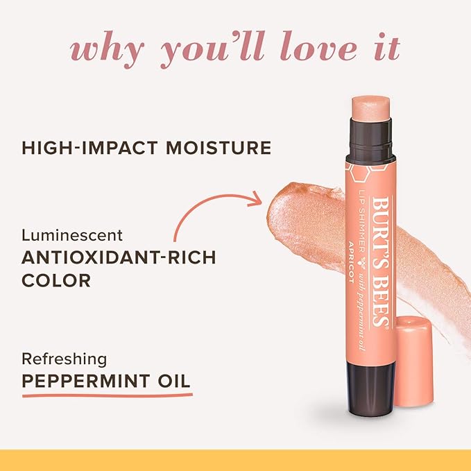 Burt's Bees Lip Balm, Moisturizing Lip Shimmer for Women, for All Day Hydration, with Vitamin E & Coconut Oil, 100% Natural, Apricot, 0.09 Ounce (Pack of 2)