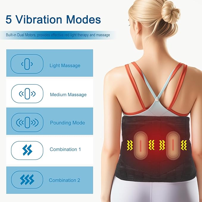 Lower Back Massager Belt with Heat and Red Light Therapy, Cordless Heating Pad for Back, Rechargeable 5000 mAh Battery, Heated Back Brace Warmer Belt for Back Pain Relief and Relaxation